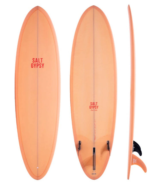Salt Gypsy 7'4 Mid Tide PU Midlength Surfboard in peach fuzz colourway