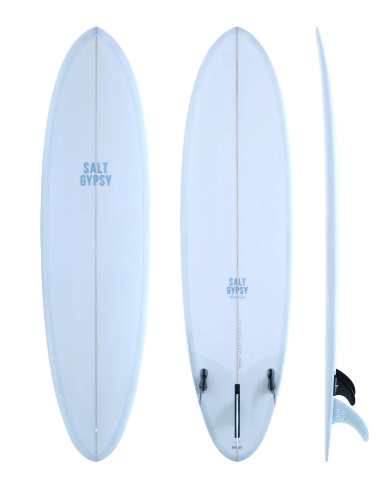 Salt Gypsy 7'4 Mid Tide PU Midlength Surfboard image of top, bottom and side in vintage blue colour