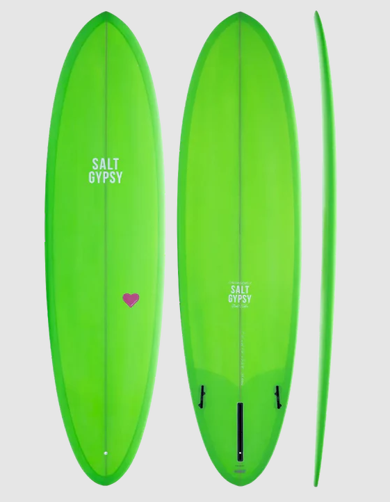Salt Gypsy 7'8 Cynthia Rowley x SG Mid Tide PU Midlength Surfboard in gecko green colourway showing deck, bottom and rail view of the board