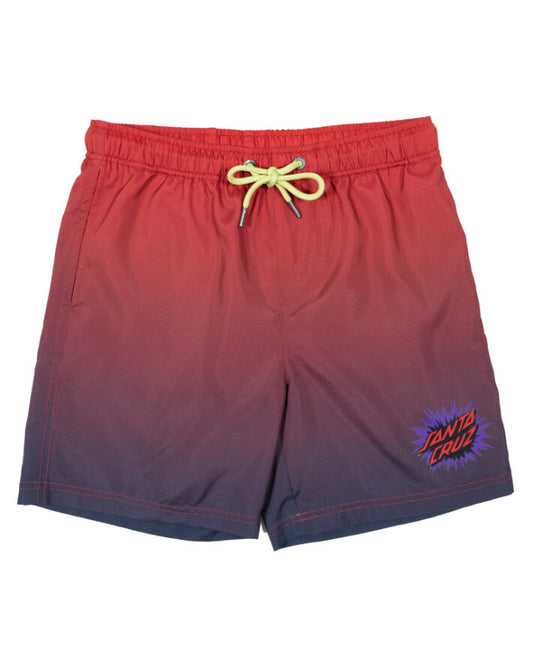 Santa Cruz Youth Burst Oval Dot Boardshorts in red fade to navy from front