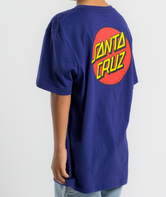 Santa Cruz Boys Classic Dot Chest Tee in dark blue showing the back on an angle