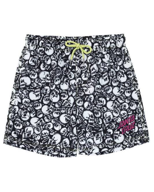 Santa Cruz Ossuary All Over Youth Boardshorts in black with white skulls from front