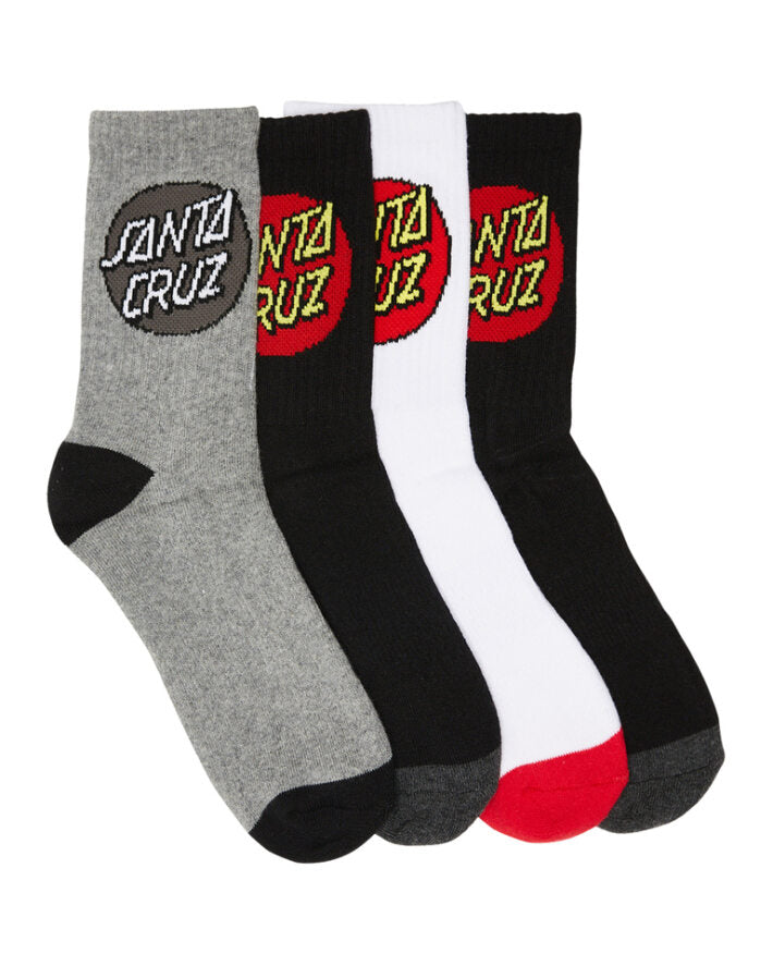 Santa Cruz Classic Dot 4 Pack of Youth Crew Socks in black, white and grey marle