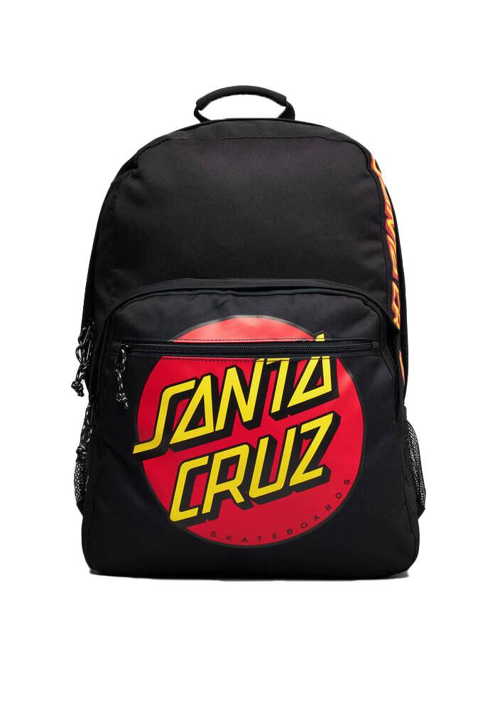 Santa Cruz Classic Dot Backpack in black with red dot and yellow font