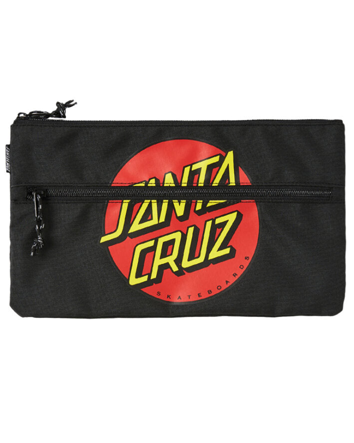 Santa Cruz Classic Dot Dual Zip Pencil Case in black with red dot and yellow font