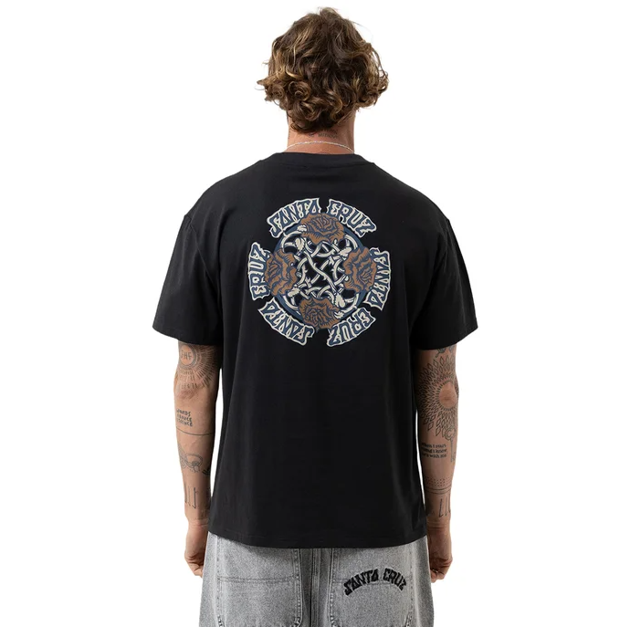Santa Cruz Dressen Evo Roses Men's Tee in off black from the rear on a model