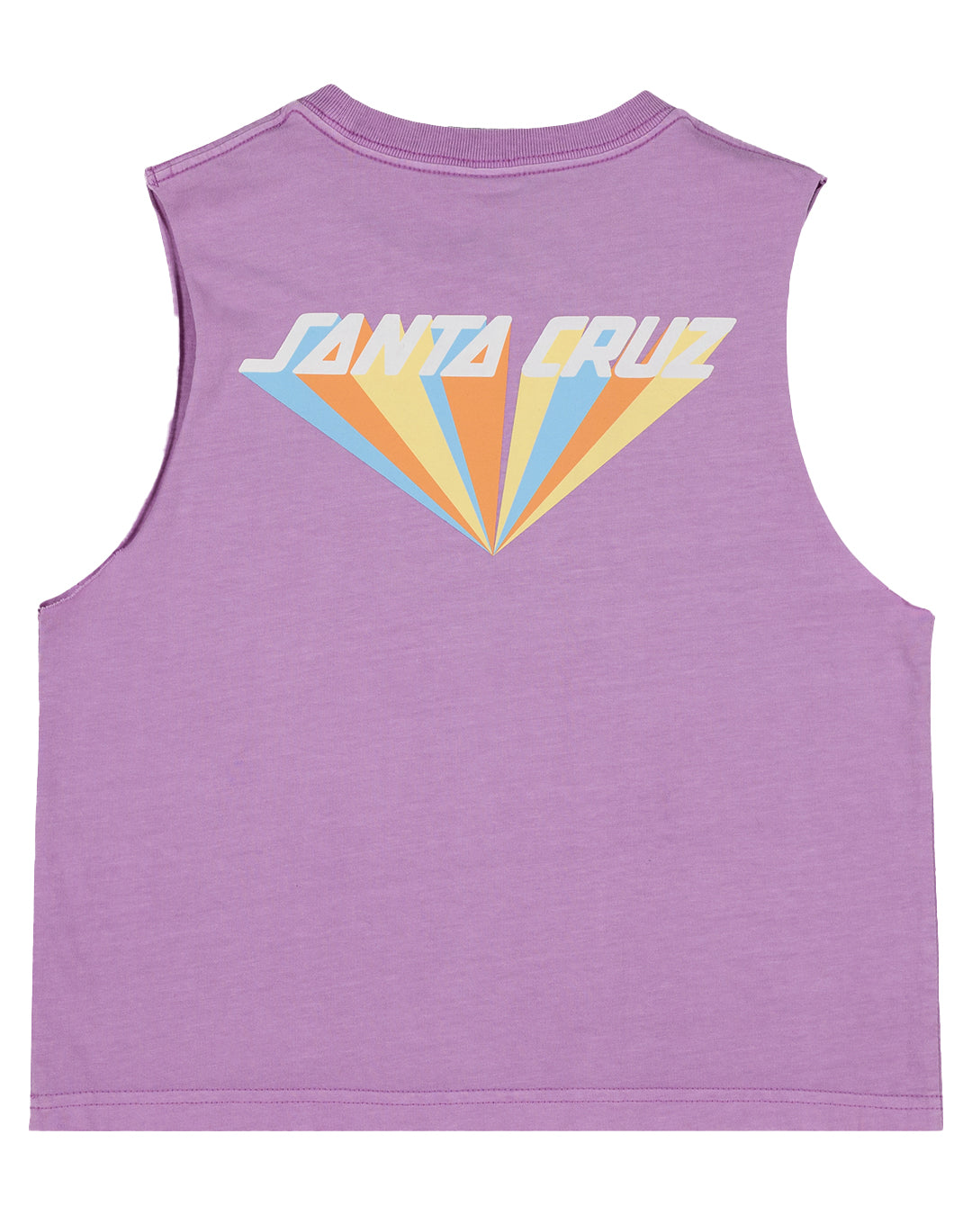 Santa Cruz Girls Delta Strip Crop Muscle in light purple with blue orangle and yellow santa cruz print on back 