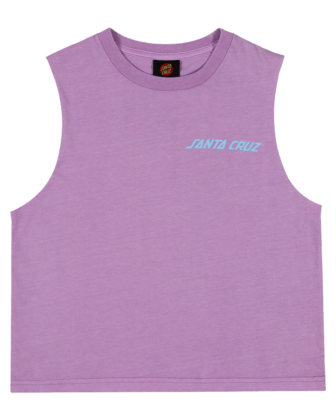 Santa Cruz Girls Delta Strip Crop Muscle in light purple with blue santa cruz print on top left 