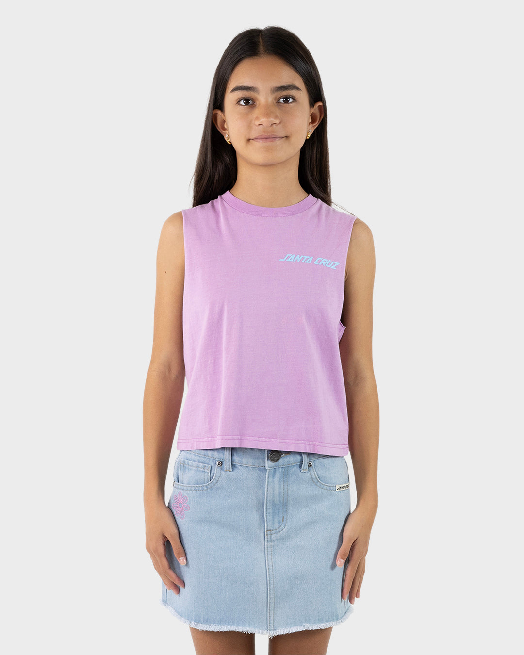 Santa Cruz Girls Delta Strip Crop Muscle in light purple with blue santa cruz print on top left 