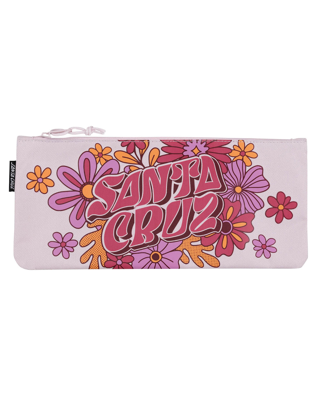 Santa Cruz Vibes Pencil Case pink with santa cruz flower print displayed from front 