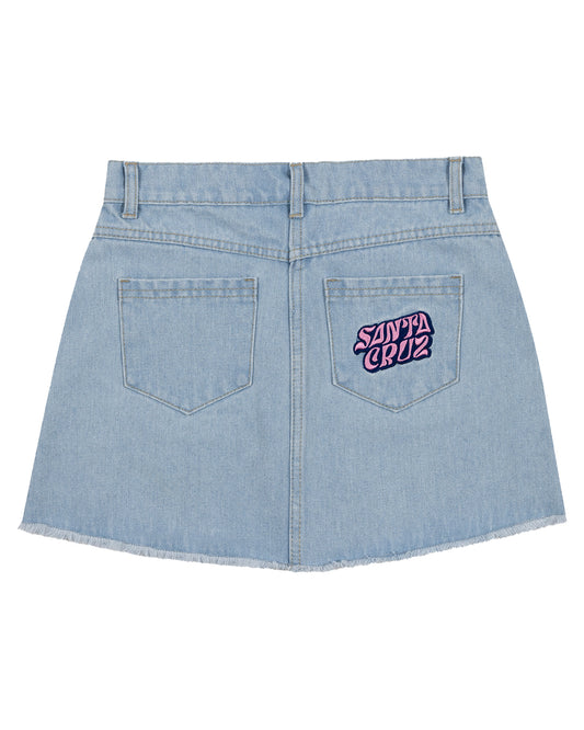 Santa Cruz Girls Vibes Stack Denim Skirt with back pockets and santa cruz embroidery on right pocket displayed from front 