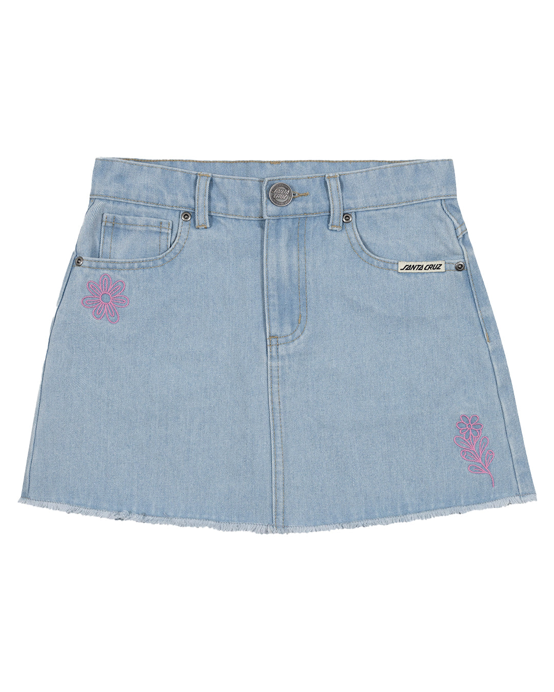 Santa Cruz Girls Vibes Stack Denim Skirt wih pink flower embroidery displayed from front 