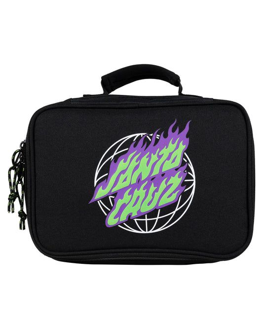 Santa Cruz Global Flame Dot Insulated Lunchbox in black with purple, white and neon green bubble print