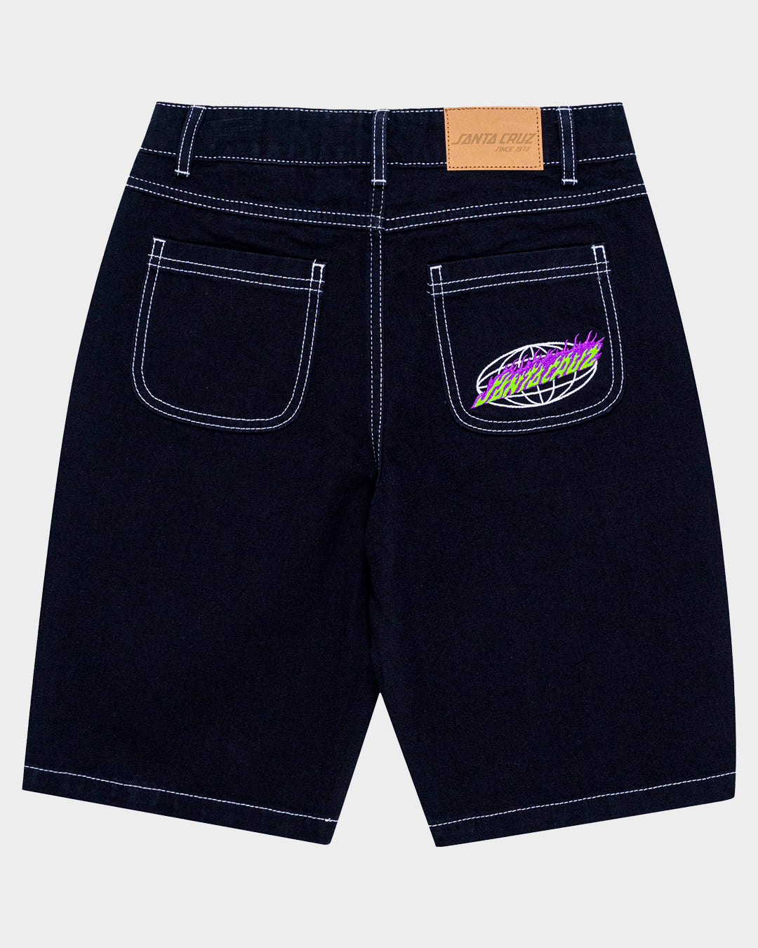 Santa Cruz Youth Global Flame Strip Denim Shorts with santa cruz globe embroidery on back right pocket 