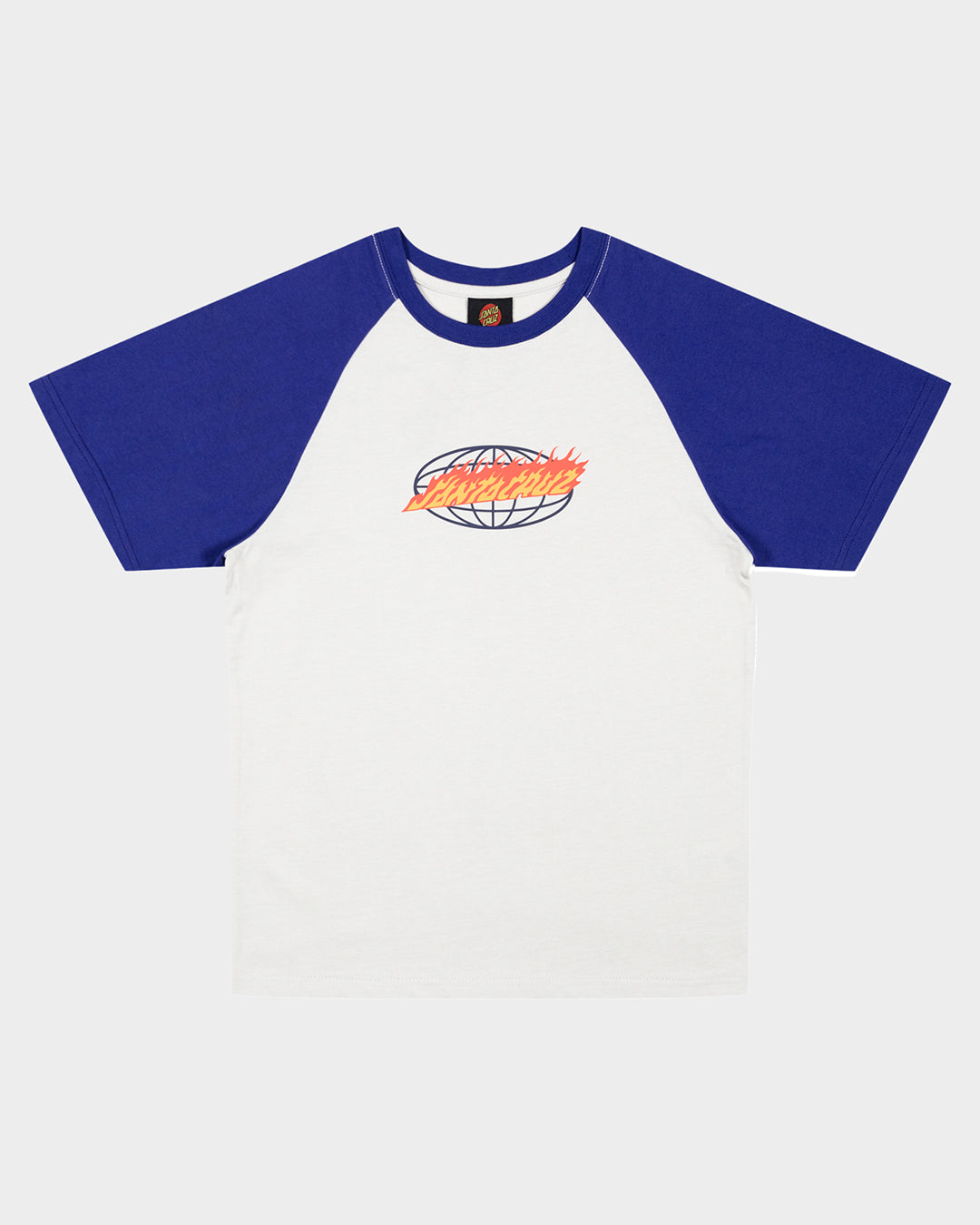 Santa Cruz Global Flame Strip Front Raglan Tee with blue arms ad white body 