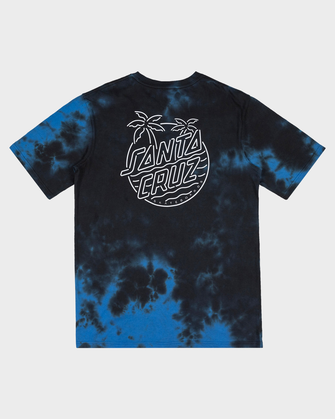 Santa Cruz Glow Dot Mono Tee in black and blue tie dye with santa cruz palm tree print displayed from front 