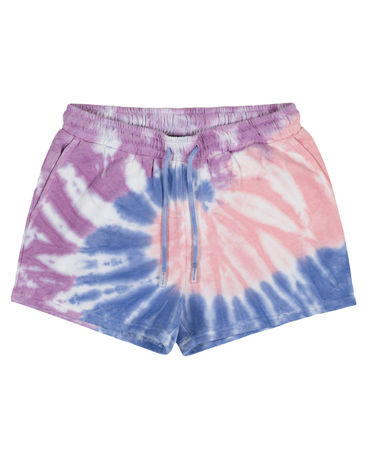 Santa Cruz Girls Opus Dot Track Shorts in colour blue purple and pink tie dye and blue drawstring displayed from front 