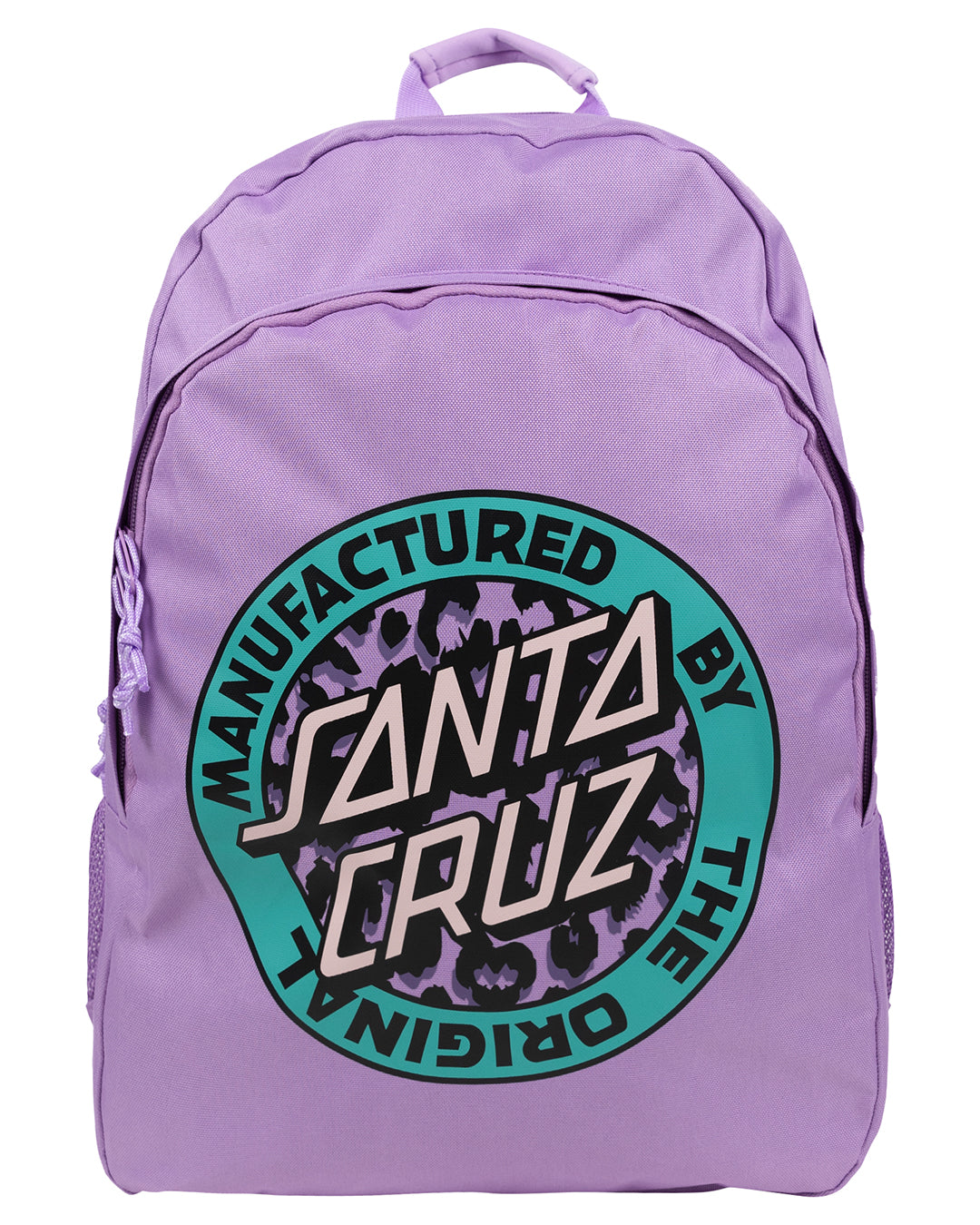 Santa Cruz Primal MFG Dot Backpack in purple with front zip back zip and water bottle holders on left and right 