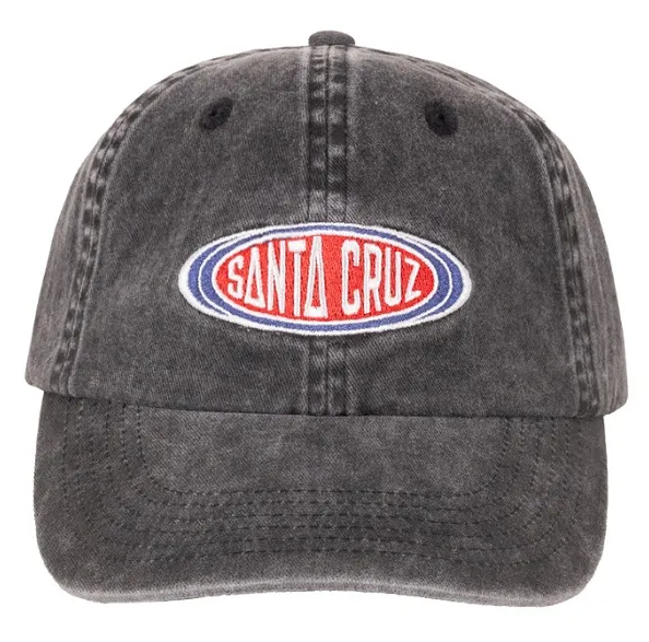Santa Cruz Raglan 6 Panel Curved Peak Dad Cap in off black from the front