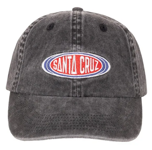 Santa Cruz Raglan 6 Panel Curved Peak Dad Cap in off black from the front