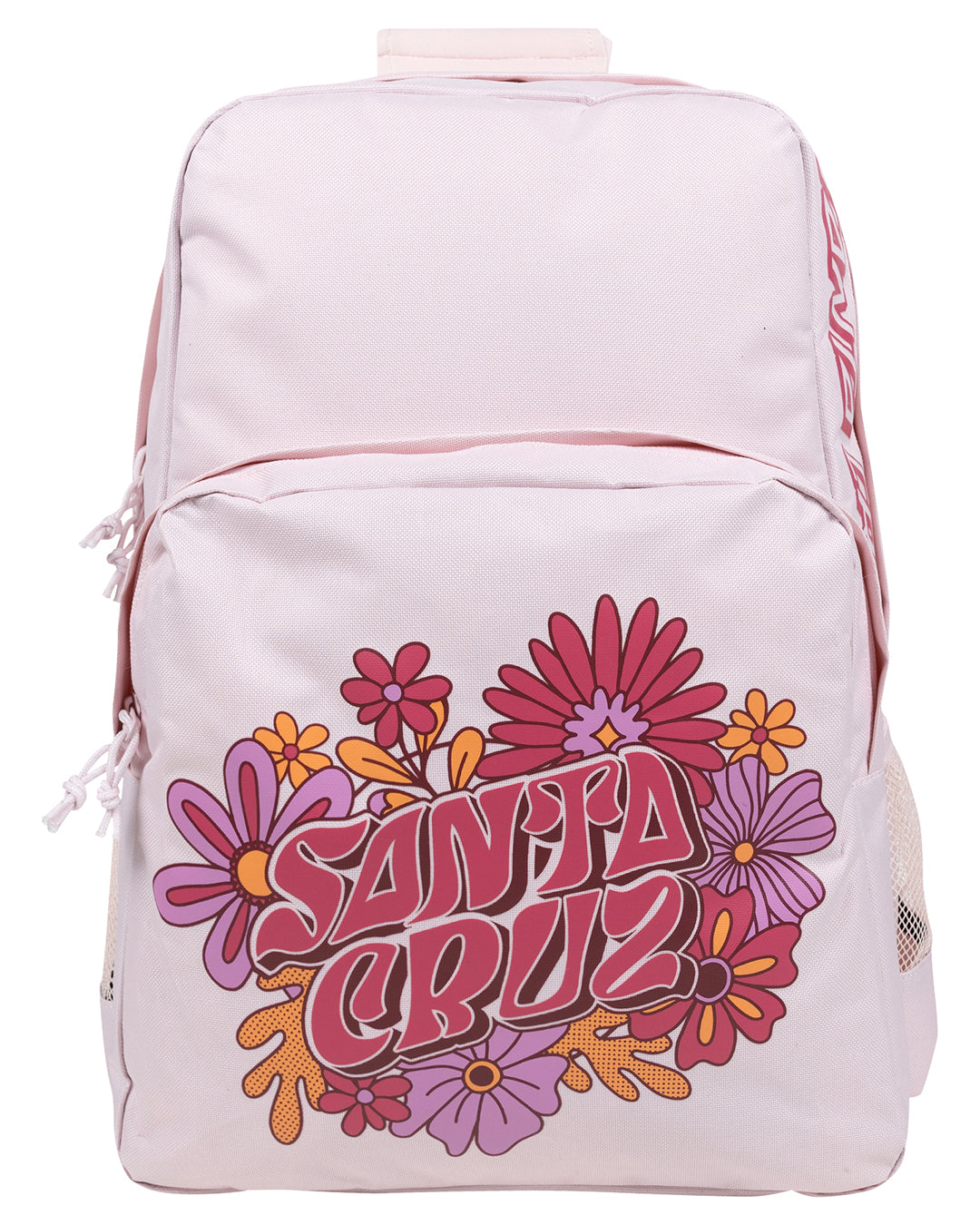 Santa Cruz Vibes Backpack pink with left and right bottle holder and two zips on top and front displayed from front 