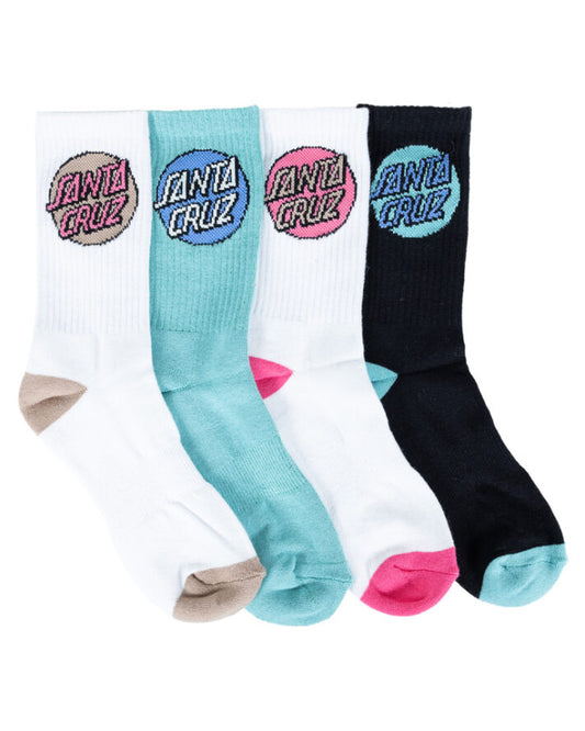 Santa Cruz Womens Pop Dot Crew Sock 4 Pack size 6-10 in white, black and teal/sage