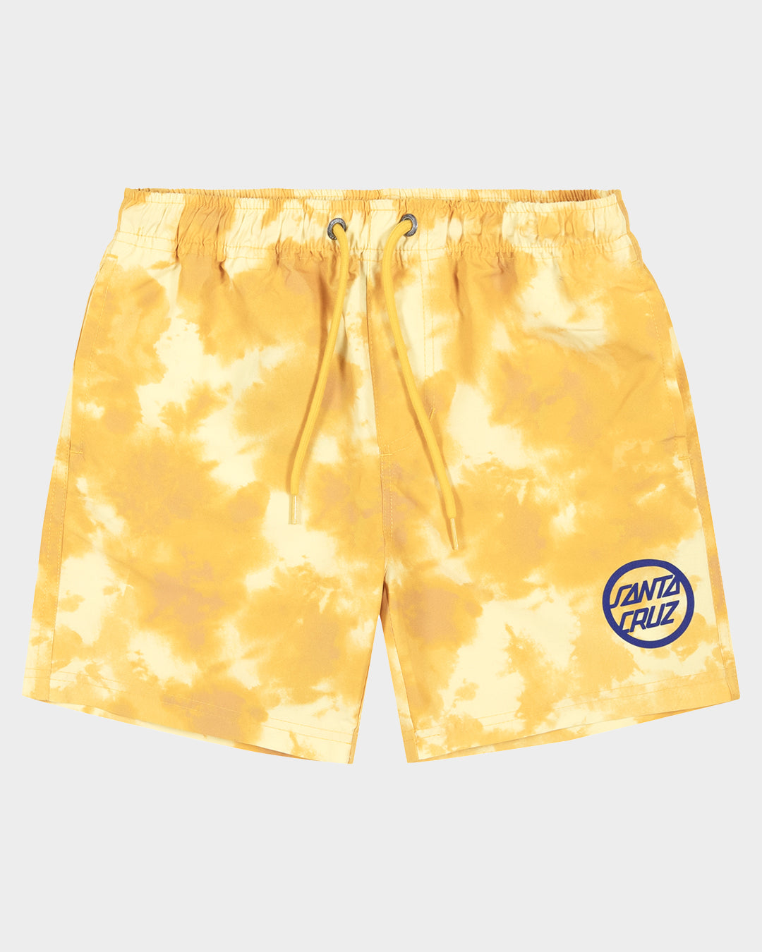 Santa Cruz Youth Bold Ring Dot Boardshorts in yellow tie dye with yellow drawstring 