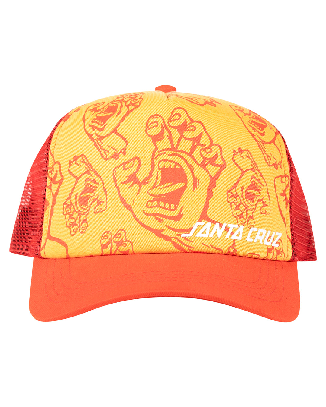 Santa Cruz Youth Cowded Hand Hollow Trucker Cap with orange, cap,back netting and yellow front 