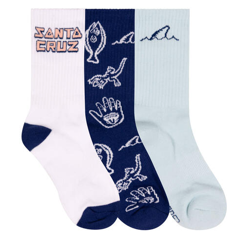 Santa Cruz Tripper Deconstruct Kids Crew Socks (US 2-8) in white, dark blue and sea green showing 3 socks