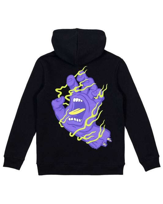 Santa Cruz Youth OS Inferno Strip Hand Hoodie in black with purple screaming hand from back