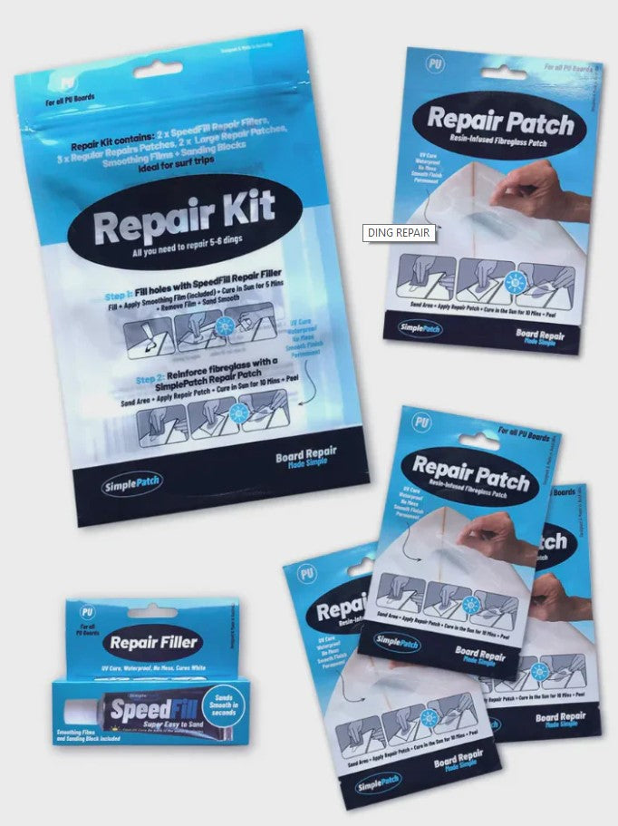 Simple Patch PU Surfboard Repair Kit showing all components of the package