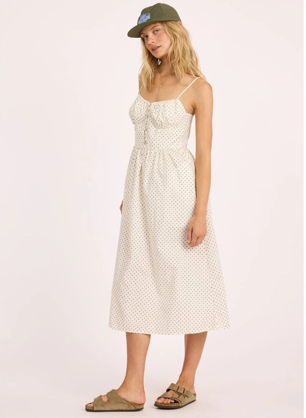 Sisstrevolution Dot Your Eyes Woven Dress in sea salt colourway on model from front/side view