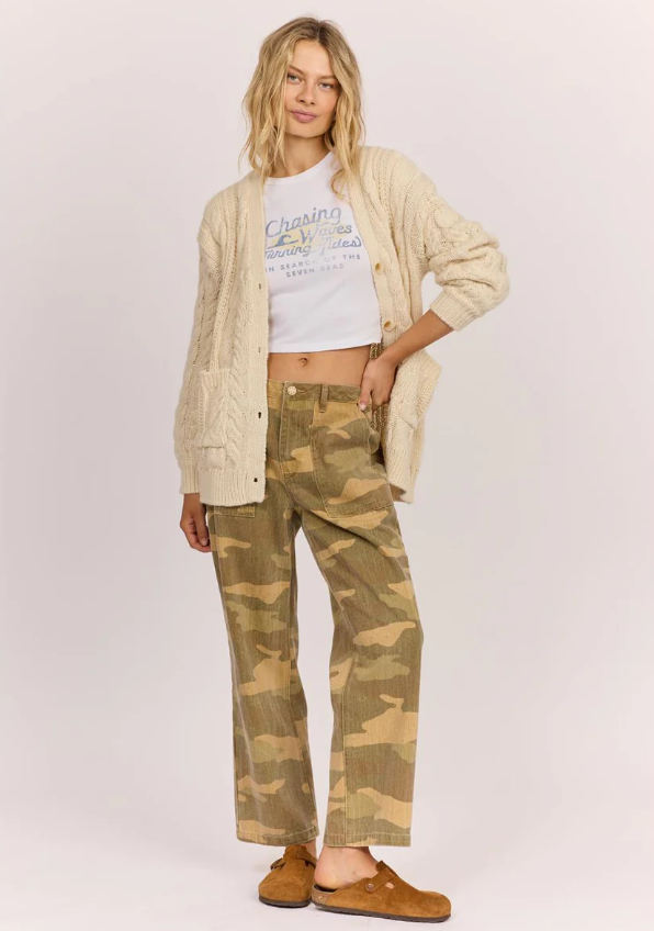 Sisstrevolution Hide and Seek Womens Camo Pants in rattan camo colourway on model in cream knit top from front