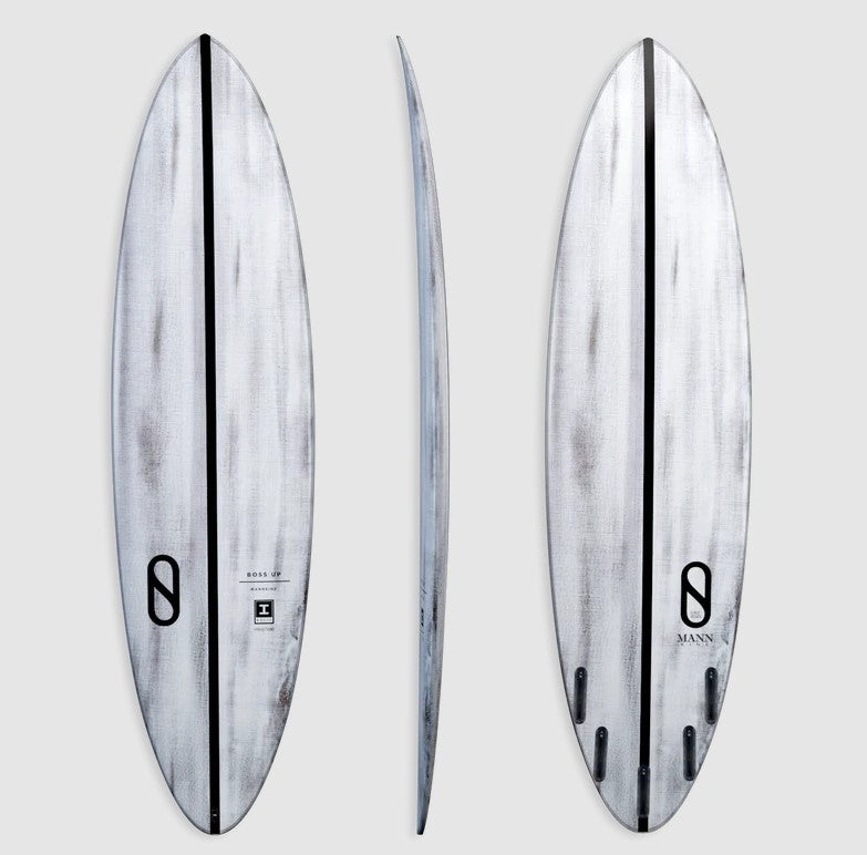 Slater Designs 7'4 Boss Up Volcanic Surfboard in volcanic construction showing deck, side and bottom