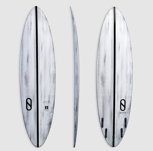 Slater Designs 7'4 Boss Up Volcanic Surfboard in volcanic construction showing deck, side and bottom