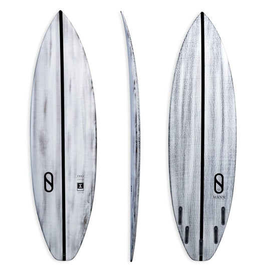 Slater Designs 5'10 FRK Plus Volcanic Ibolic Surfboard from top, bottom and side