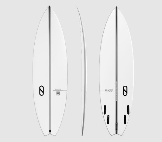 Slater Designs 5'10 FRK Swallow Surfboard showing deck, side and bottom views