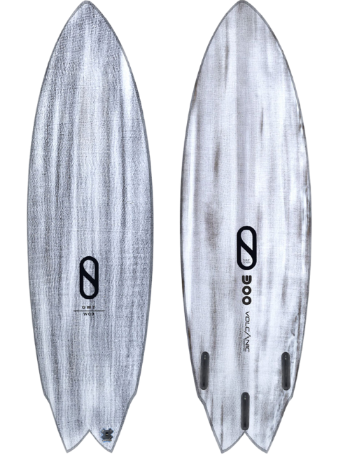 Slater Designs 5'10 Great White Twin Volcanic Surfboard showing deck and bottom of board