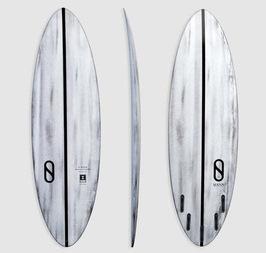 Slater Designs 6'0 S Boss Volcanic Surfboard showing deck. side and bottom views