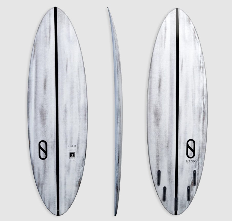 Slater Designs 5'10 S Boss Volcanic Surfboard showing deck, side and bottom views