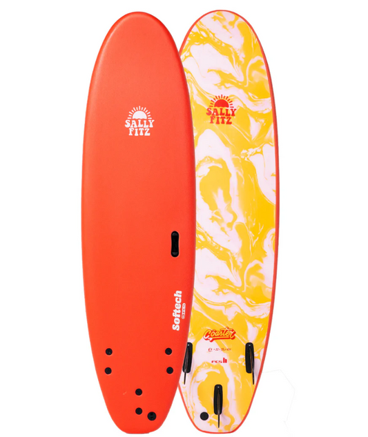 Softech Sally Fitz Coaster 7'0 FCS II Softboard in red with yellow swirl base