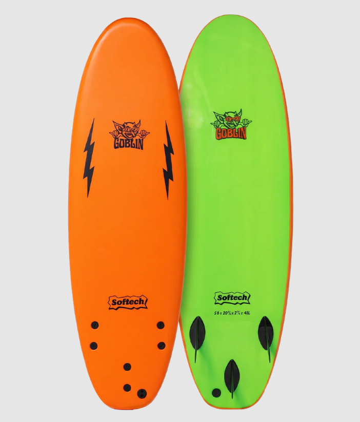 Softech Goblin Softboard
 showing orange deck and bottom view with green slick