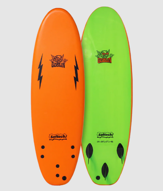 Softech Goblin Softboard
 showing orange deck and bottom view with green slick