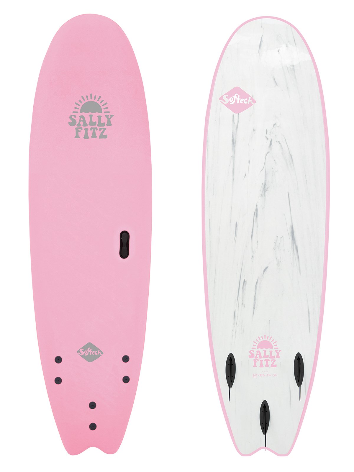 Softech Sally Fitz 7'0 Softboard
in pink with white base showing deck and base