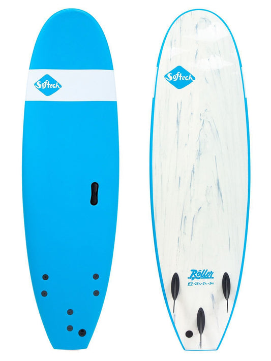 Softech Roller 6'6 Softboard in blue and white with white base showing deck and base