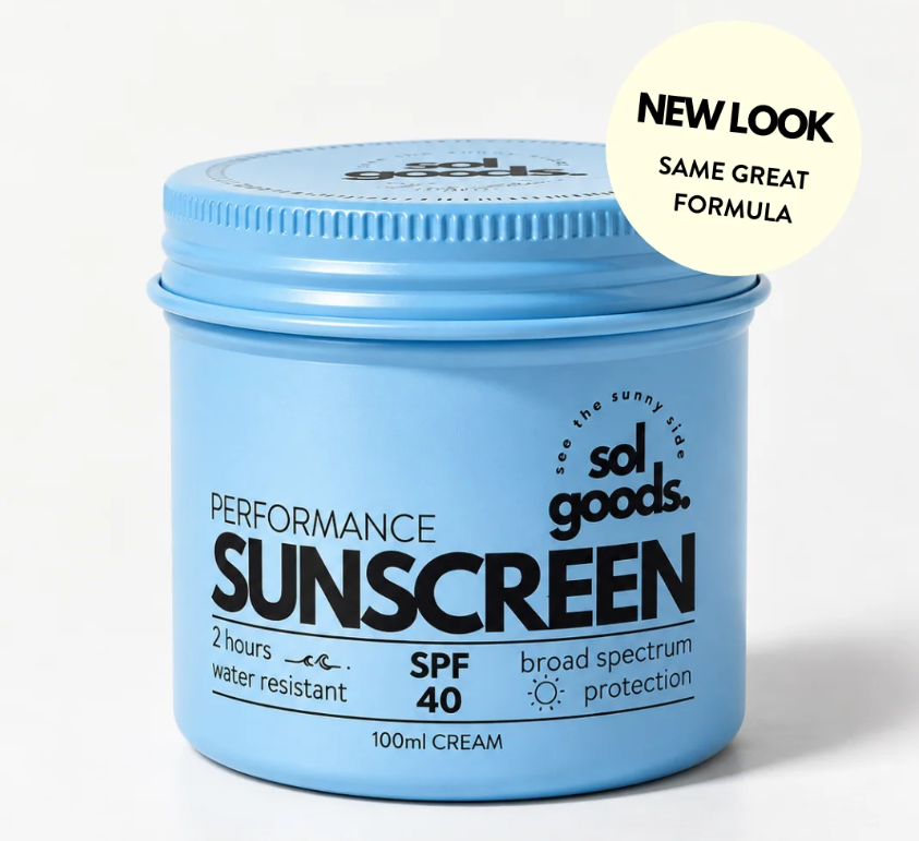Sol Goods SPF40+ Sports Performance Sunscreen 100ml in the new blue tin