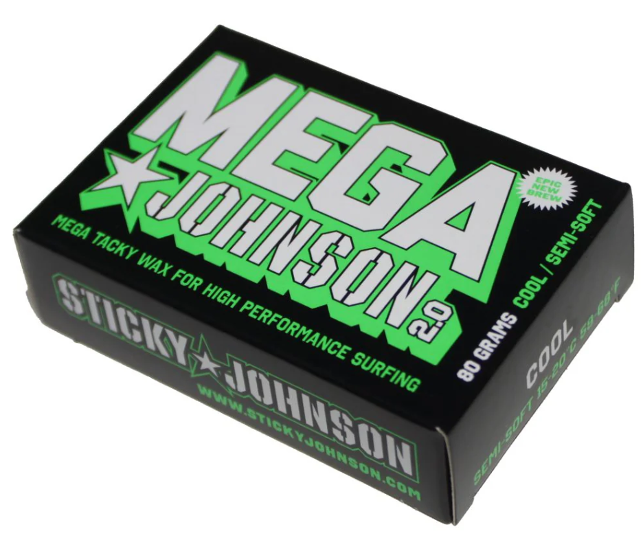Boxed block of Sticky Johnson Mega Johnson cool surfboard wax