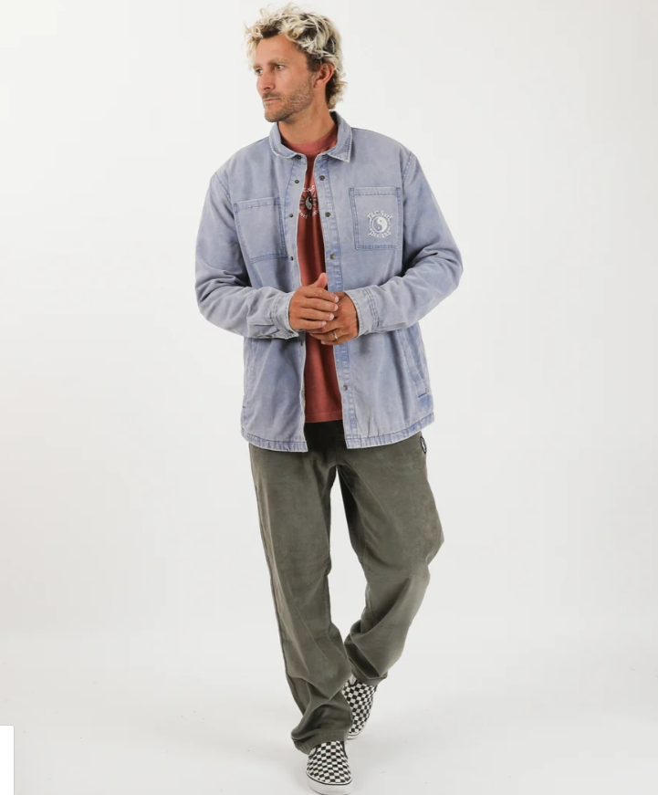 T & C Whaler 2.0 Cord Pants in military colourway on model in denim town and country shirt