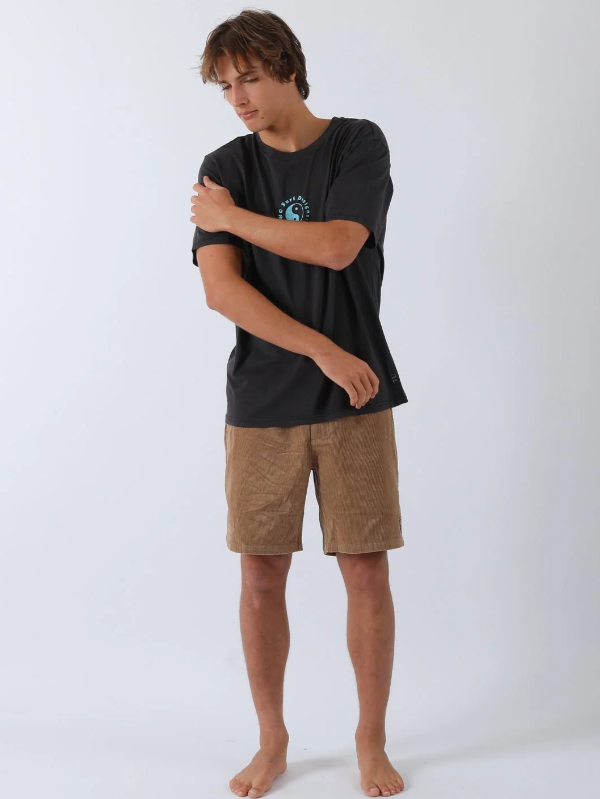 Town and Country Whaler Cord Shorts in sand colourway on model in black t and cshirt