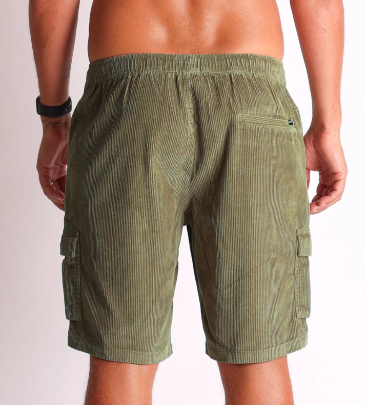 Town and Country Barrack Cord Shorts
 in military colourway from the rear